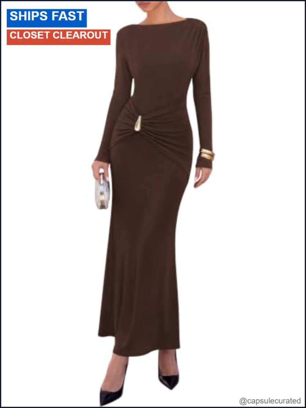 Long Sleeve Ruched Slit Maxi Wedding Guest Dress